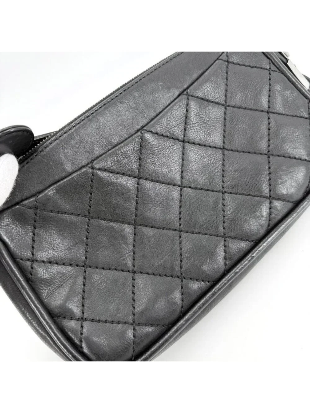 Chanel Shoulder Bag CC Logo Quilted Leather Black Silver